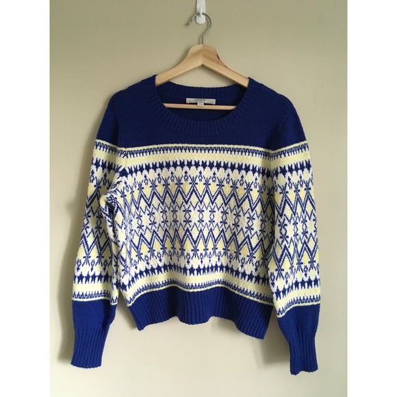 LOFT Sweaters - Loft Womens Blue White Yellow Fair Isle Geometric Knit Crew Neck Sweater Large